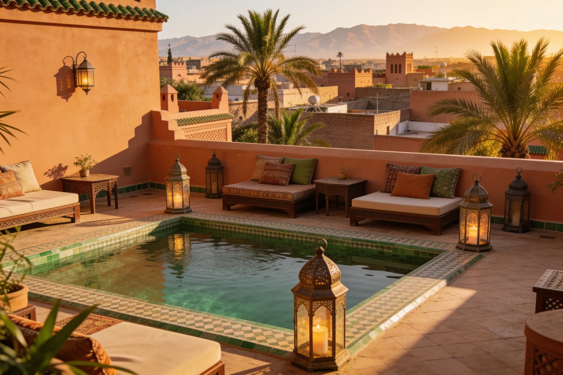 Terrasse de riad à Marrakech avec bassin en zellige et lanternes au coucher du soleil