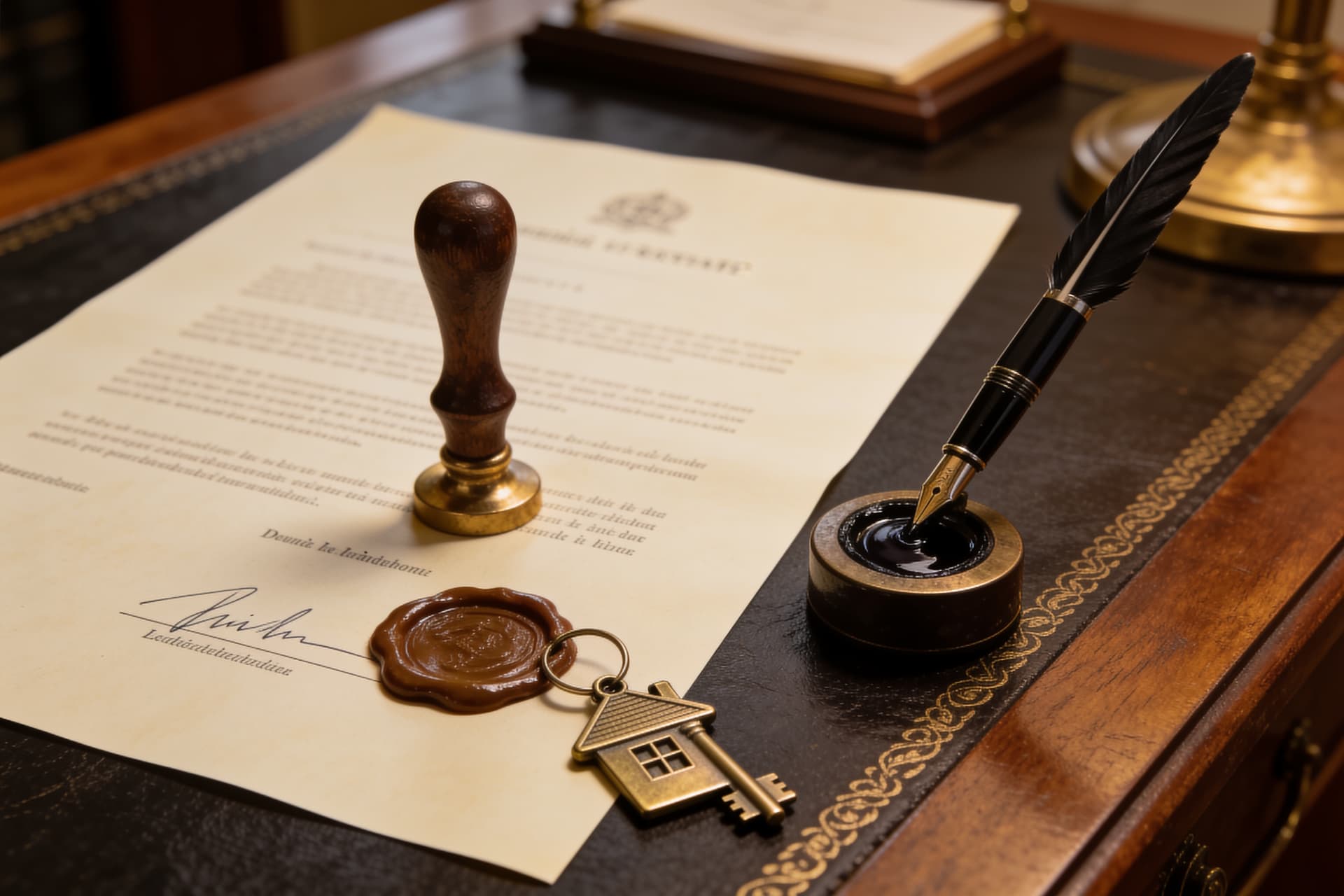 Acte notarié avec cachet de cire, clé de maison et plume sur un bureau