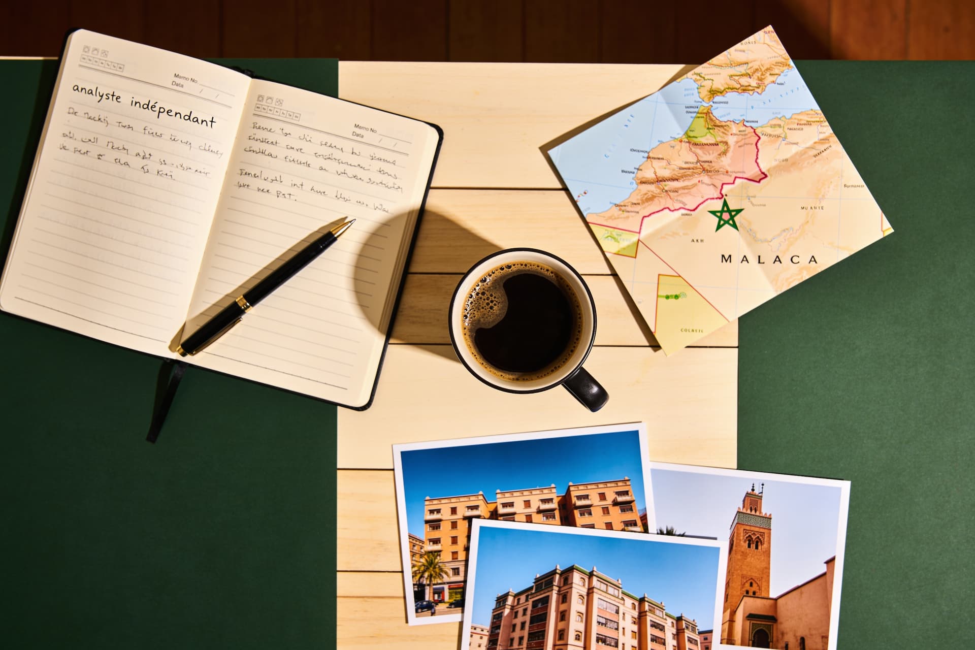 Carnet de notes annoté, carte du Maroc, café et photographies d'immeubles sur un bureau