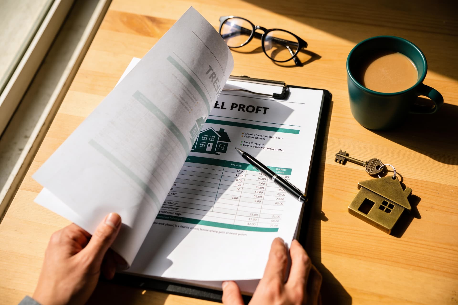 Dossier de financement immobilier, clés et lunettes posés sur un bureau