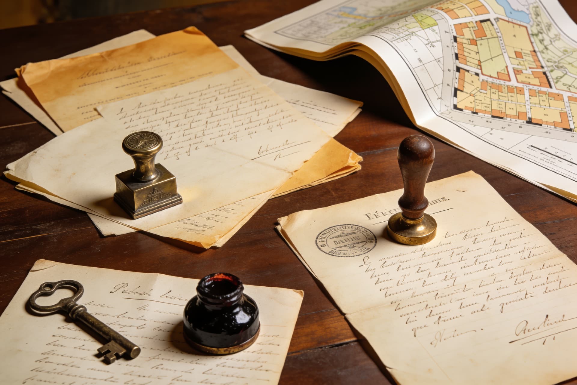 Anciens actes de propriété, cachets notariaux et plan cadastral sur un bureau